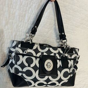 Vintage Coach Peyton Carryall Handbag Black and White Op Art Signature